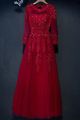 Modest Round Neck Long Sleeves Crystal Beaded Red Tulle Lace Prom Evening Dress