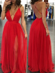 Sexy A Line Prom Evening Dress Deep V Neck Cross Straps Ruched Red Chiffon With Slit