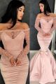 Beautiful Beaded Pink Mermaid Prom Evening Dress Off The Shoulder Long Sleeves