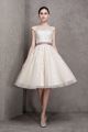Knee Length Ball Gown Illusion Neckline Cap Sleeve Lace Tulle Wedding Dress With Pearl