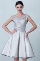 Knee Length A Line Cap Sleeve Corset Silver Lace Satin Prom Homecoming Dress With Bow