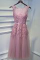 Beautiful Scoop Sheer Back Dusty Rose Tulle Beaded Tea Length A Line Prom Party Dress With Appliques