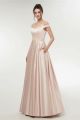 A Line Off The Shoulder Long Blush Satin Beaded Evening Prom Dress With Pockets