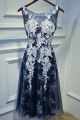 Beautiful Scoop Low Back Navy Blue Tulle Short A Line Prom Party Dress With White Appliques