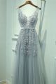 Sexy V Neck Low Back Grey Tulle Beaded Prom Party Dress With Appliques