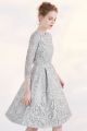 Modest A Line High Neck 3 4 Sleeve Grey Lace Prom Evening Dress
