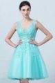 Stunning Short A Line V Neck Beaded Blue Lace Tulle Prom Homecoming Cocktail Dress 
