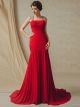 Charming Mermaid Cap Sleeve Pleated Crystal Beaded Red Chiffon Prom Evening Dress 