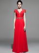 Charming A Line Cap Sleeve Open Back Crystal Beaded Red Chiffon Prom Evening Dress 
