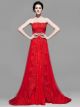 Elegant A Line Strapless Corset Beaded Red Lace Prom Evening Dress