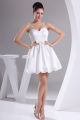 Lovely Short Mini Ball Gown V Neck Bow Beaded White Beach Destination Wedding Dress 
