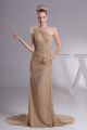 Wonderful Mermaid One Shoulder Pleated Champagne Lace Wedding Dress With Flower