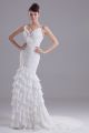 Gorgeous Mermaid V Neck Spaghetti Straps Tiered White Chiffon Beach Destination Wedding Dress