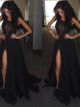 Sexy See Through Prom Evening Dress Scoop Side Slit Black Chiffon With Appliques
