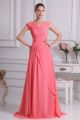 Modest A Line V Neck Corset Cap Sleeve Pleated Watermelon Chiffon Prom Evening Dress 