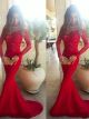Elegant Red Lace Mermaid Prom Evening Dress Off The Shoulder Long Sleeves