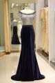 Vintage Long Mermaid Navy Blue Velvet Beaded Prom Evening Dress With Short Sleeves