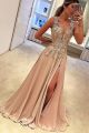 Elegant A Line Pink Prom Evening Dress V Neck Side Slit With Appliques