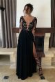 Sexy Black A Line Prom Evening Dress Illusion Neckline Long Sleeves Side Slit With Lace