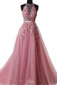 Princess Prom Evening Dress Halter Beading Pink Tulle With Appliques