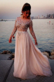 Stunning Prom Evening Dress Boat Neckline Long Sleeves Pink Chiffon With Crystals And Beadings