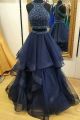 Stunning Two Pieces Prom Quinceanera Dress High Neck Royal Blue Organza Ruffles With Crystals And Cut Outs