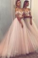 Princess Ball Gown Wedding Dress Off The Shoulder Ruched Blush Pink Tulle With Crystals