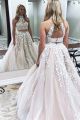 Elegant Two Pieces Prom Evening Dress Halter Open Back Champagne Tulle With Appliques