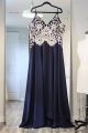 Elegant Prom Evening Dress V Neck Spaghetti Straps Navy Blue Chiffon With White Appliques