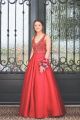 Stunning A Line Red Prom Evening Dress Illusion Neckline With Crystals And Beading