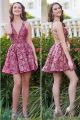 Cute Short Mini A Line Prom Evening Dress Deep V Neck Cross Straps Fuchsia Lace