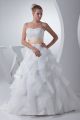 Gorgeous Ball Gown Strapless Crystal Beaded White Organza Wedding Dress With Ruffles