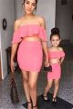 Cute Two Piece Prom Causal Dress Parent-Child Outfit Off The Shoulder Ruffle Sleeves Child Dress