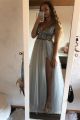 Gorgeous A Line Prom Evening Dress V Neck Side Slit Grey Tulle With Crystals