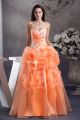 Beautiful A Line Sweetheart Corset White Appliques Ruffled Orange Organza Prom Evening Dress 