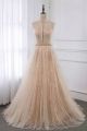 Elegant A Line Prom Evening Dress Halter Sleeveless Champagne Tulle Lace With Crystals