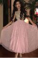 Stunning Two Pieces Prom Evening Dress Boat Neckline Pink Tulle With Beading