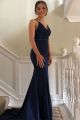 Elegant Navy Blue Mermaid Prom Evening Dress V Neck Spaghetti Straps With Beading Belt