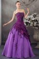 Stunning A Line Strapless Corset Crystal Beaded Appliques Ruched Purple Taffeta Organza Prom Evening Dress 