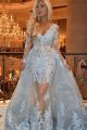 Unusual See Through Mermaid Prom Evening Dress V Neck Long Sleeves Light Blue Lace