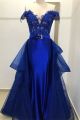 Chic Mermaid Royal Blue Prom Evening Dress Off The Shoulder Beading Lace With Detachable Train