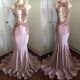 Sexy Pink Mermaid Prom Evening Dress High Neck Open Back Beading Lace With Cutouts