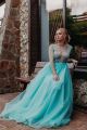 Sexy A Line Prom Evening Dress Illusion Neckline Long Sleeves Flower Aqua Tulle