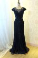 Gorgeous Long Colum Beaded Prom Evening Dress With Cap Sleeves Navy Blue Tulle Lace