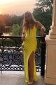 Sexy Yellow Sheath Prom Party Dress V Neck Side Slit With Crystals