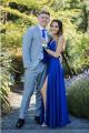 Boho A Line Royal Blue Prom Party Dress V Neck Side Slit With Straps