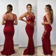 Elegant Red Mermaid Prom Evening Dress V Neck Spaghetti Straps With Appliques