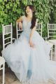 Romantic Puffy Ball Gown Prom Party Dress V Neck Pearl Beading Light Blue Tulle