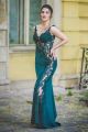 Sexy See Through Teal Green Mermaid Prom Evening Dress V Neck Sleeveless With Appliques