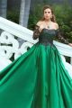 Royal Ball Gown Prom Party Dress Off The Shoulder Long Black Lace Sleeves Green Satin